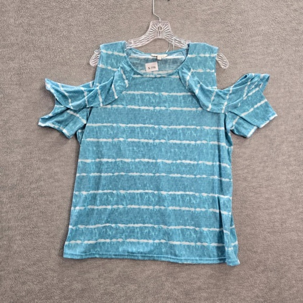 Juicy‎ Couture Women Top XL Blue Stripe Shirt Ruffle Cold Shoulder